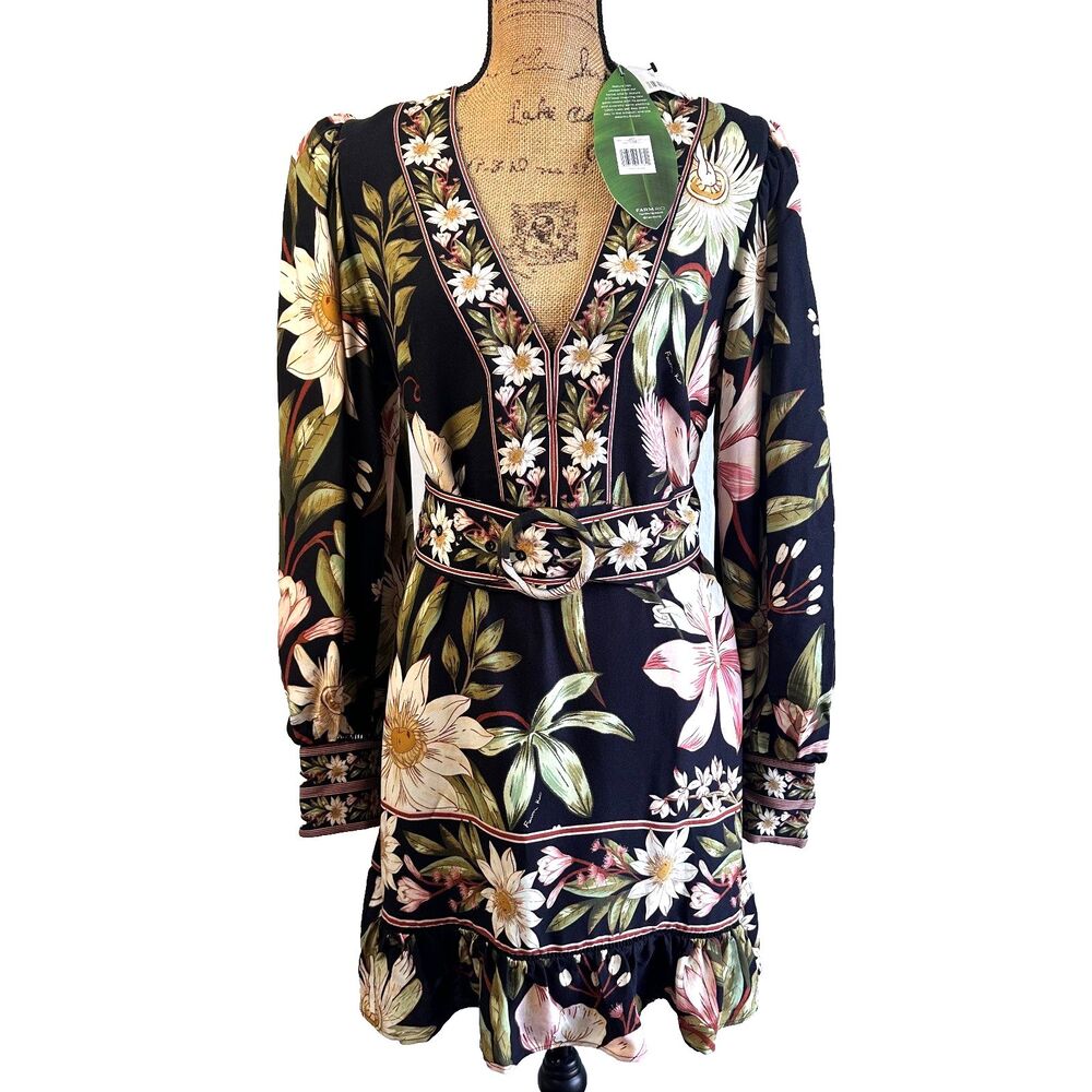 FARM Rio Surreal Flowers Black Floral Belted Mini Dress Size L NWT $248